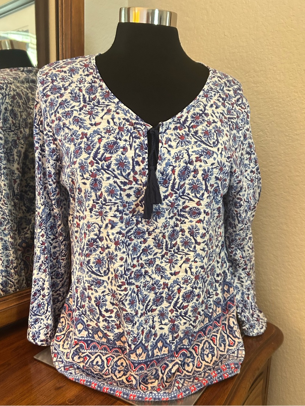 Lucky Brand Blue and White Floral Tassel V-Neck Blouse. Size M. NWTGS